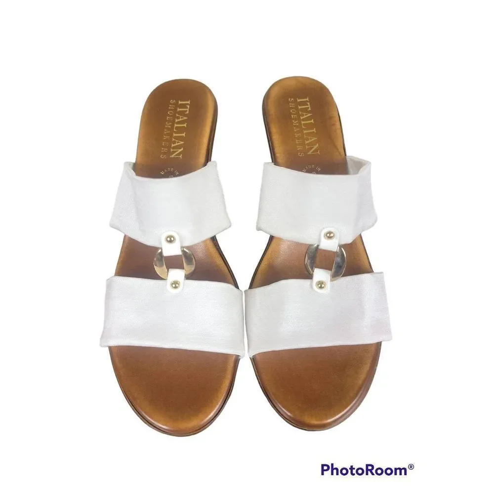 Italian Shoemakers White Double-strap Wedge Sandals with Silver Accents